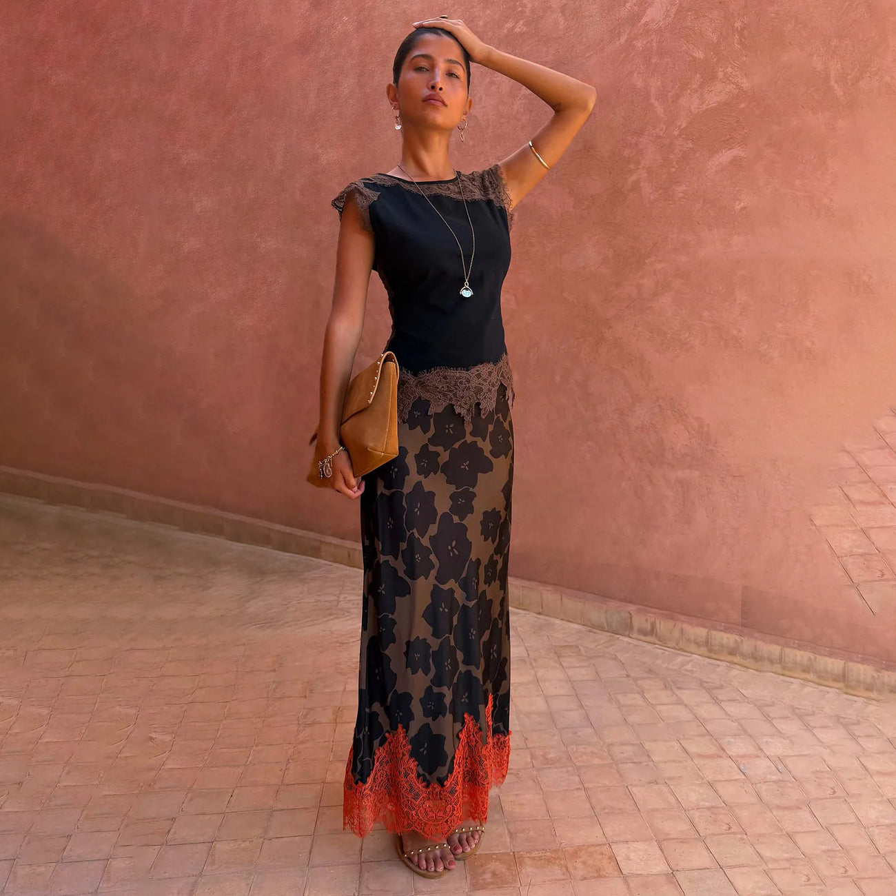 Tan Jaden Floral Midi Meava Skirt