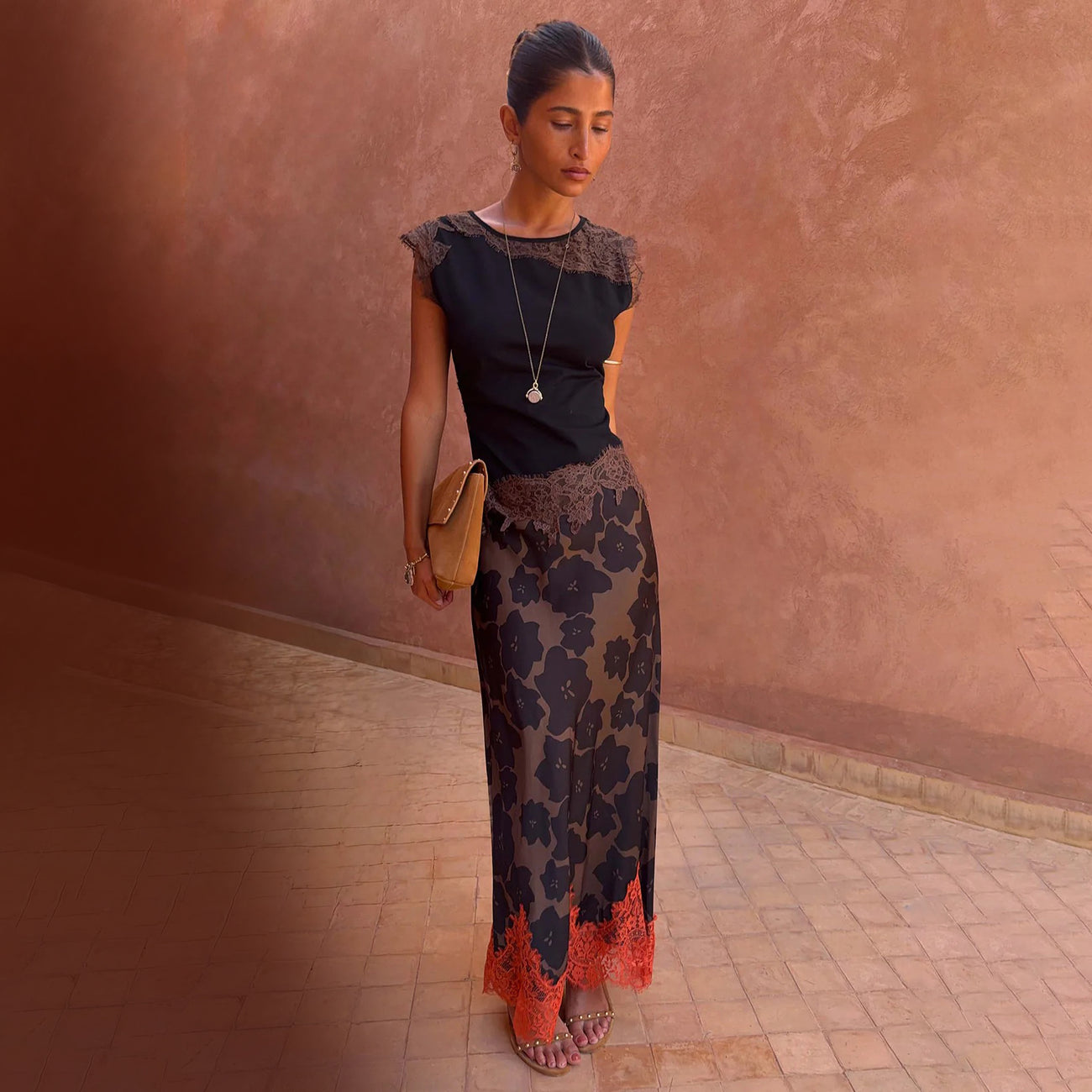 Tan Jaden Floral Midi Meava Skirt