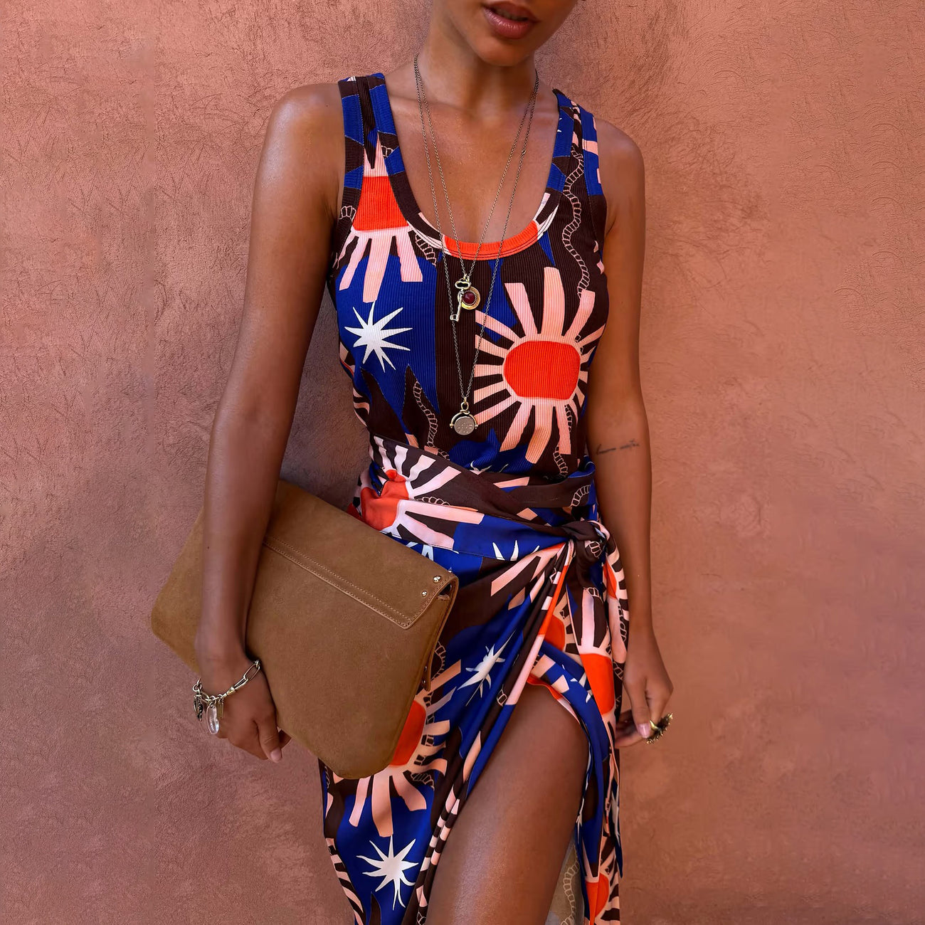 Chocolate and Blue Sun Ribbed Tank Top