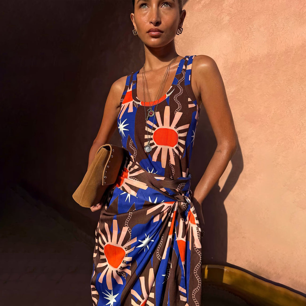 Chocolate and Blue Sun Ribbed Tank Top