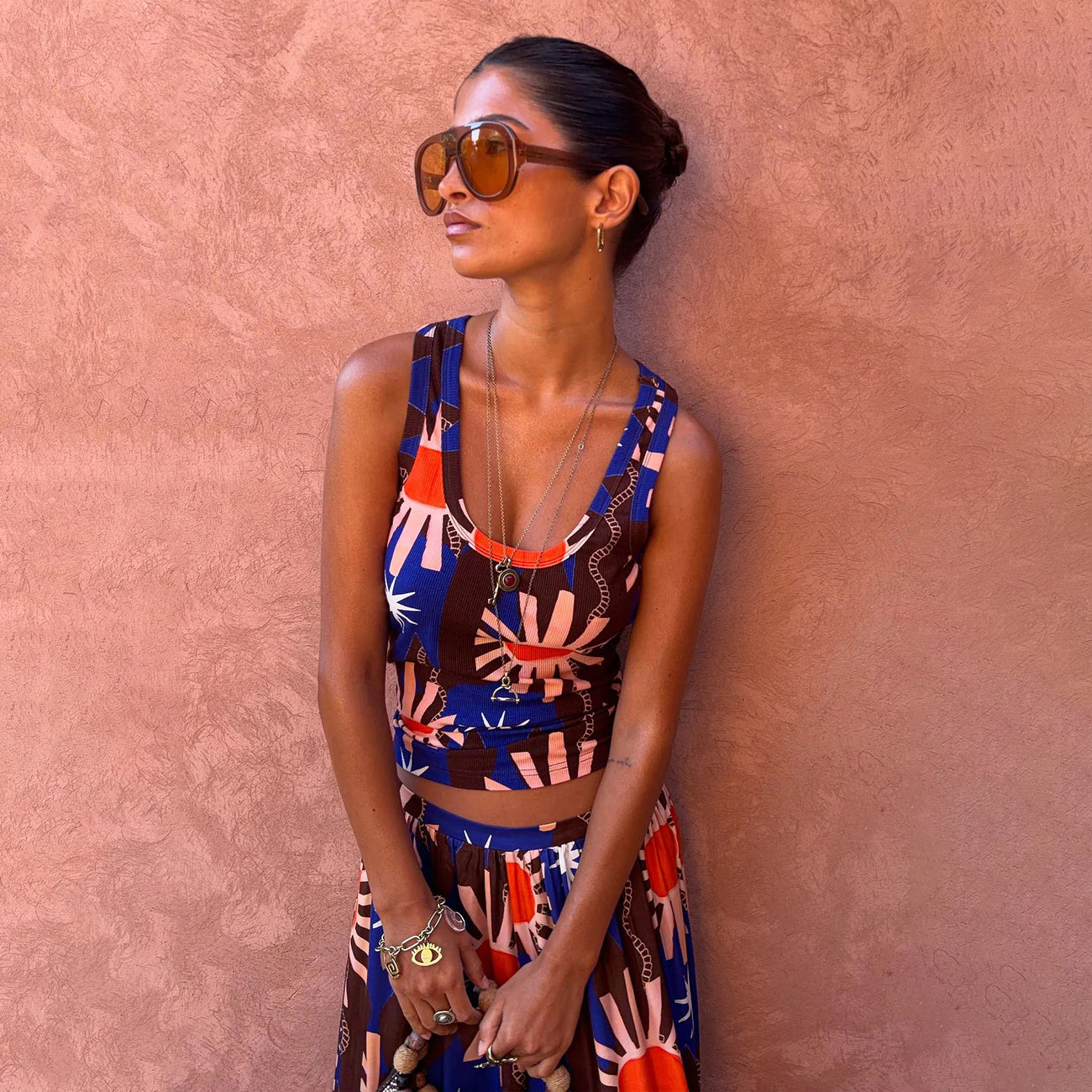 Chocolate and Blue Sun Ribbed Tank Top