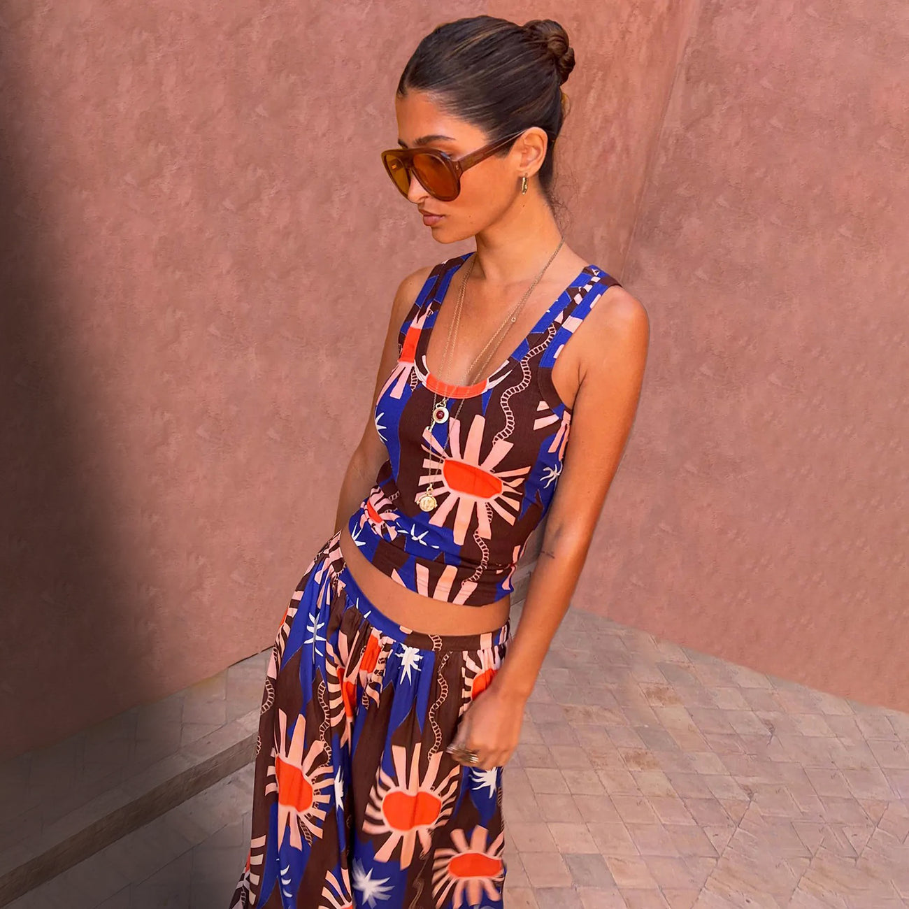 Chocolate and Blue Sun Ribbed Tank Top