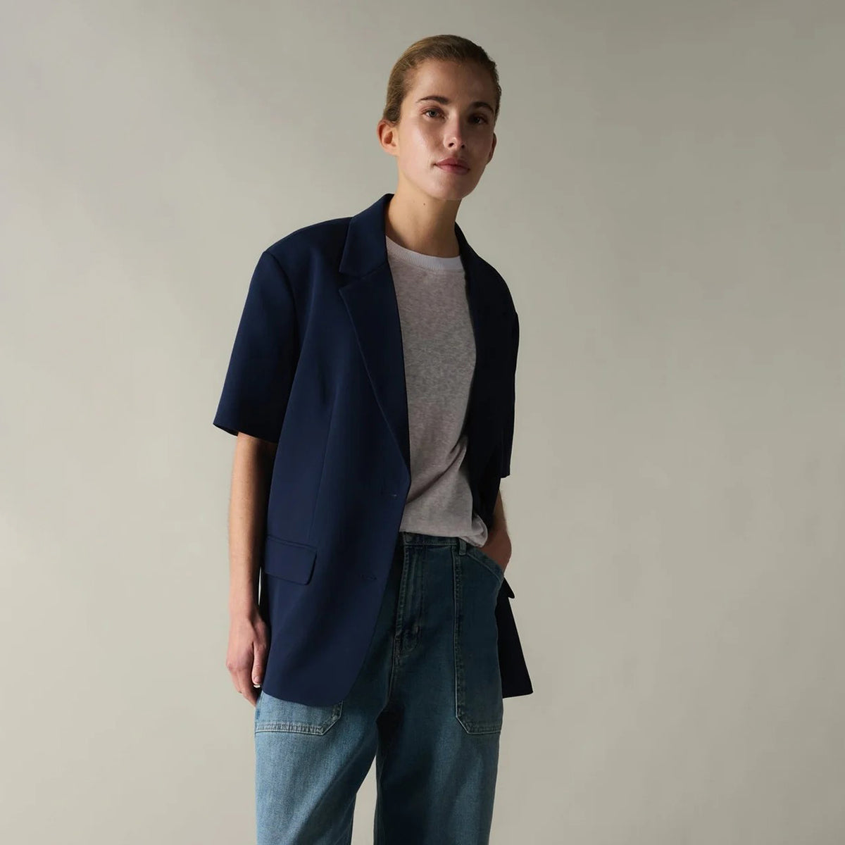 Oversized Blazer with Short Sleeves - Blue