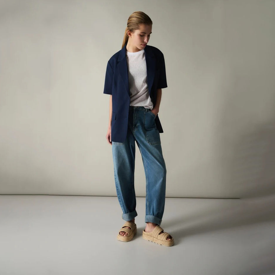 Oversized Blazer with Short Sleeves - Blue