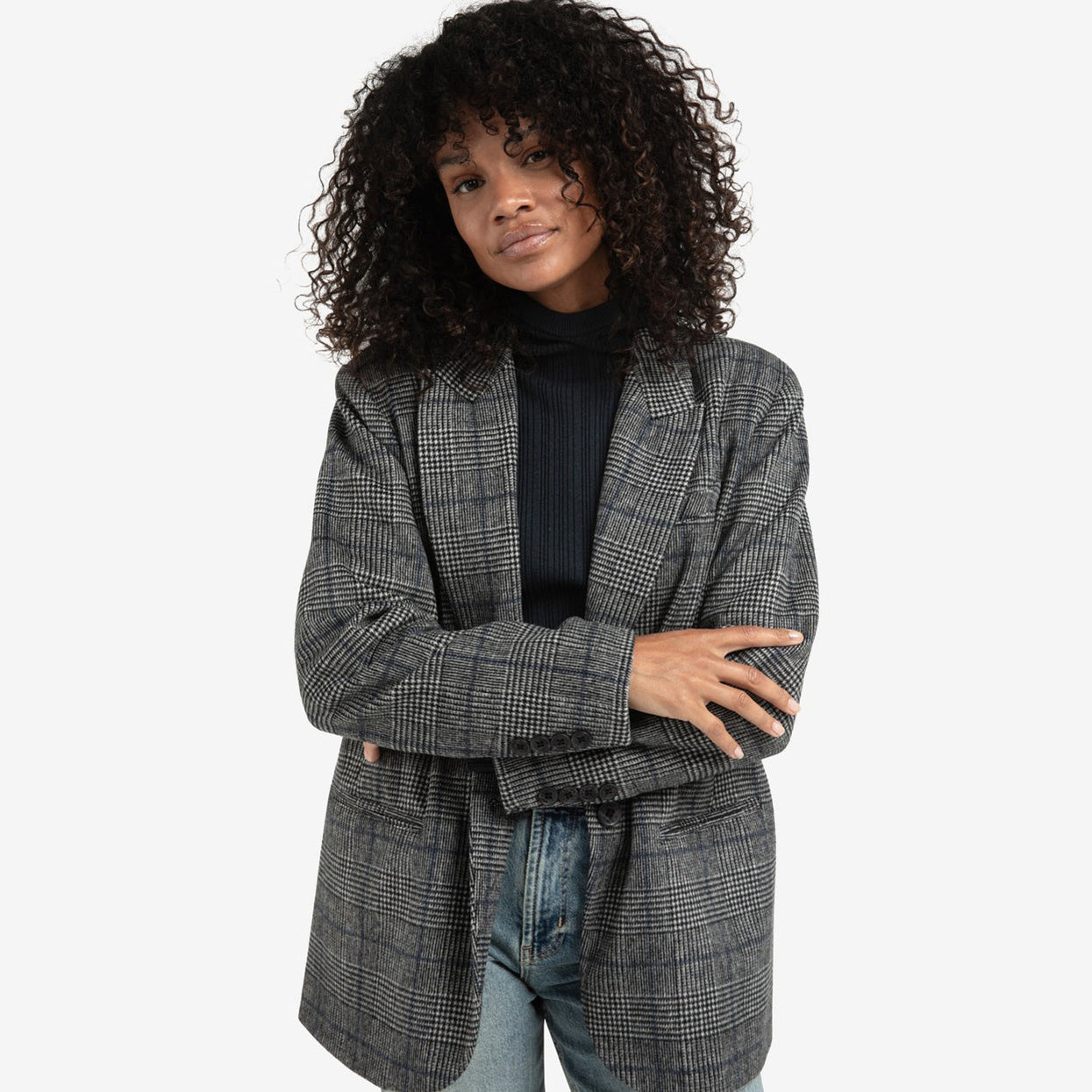Oversized Checked Blazer with Button Closure