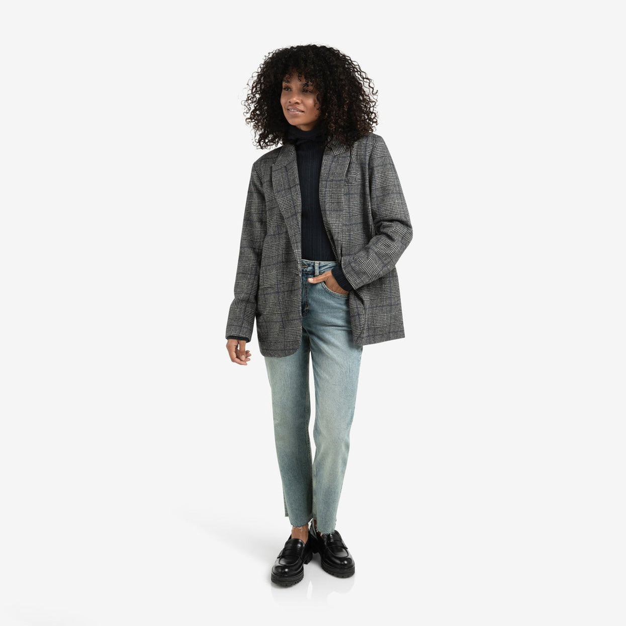 Oversized Checked Blazer with Button Closure