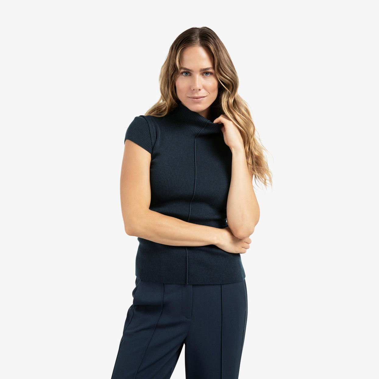 Ribbed Fitted Top with Mock Neck and Seam Detail
