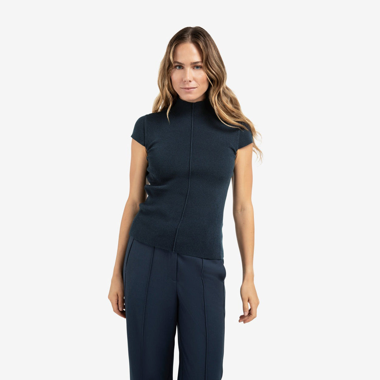 Ribbed Fitted Top with Mock Neck and Seam Detail