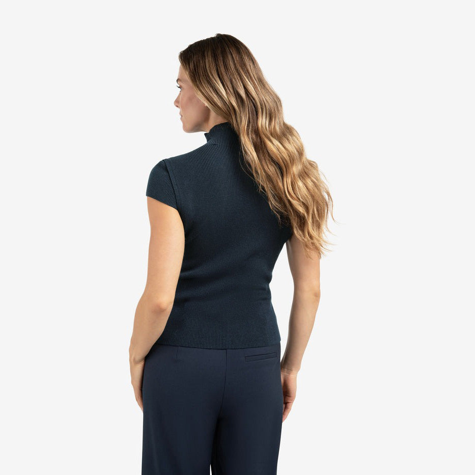 Ribbed Fitted Top with Mock Neck and Seam Detail