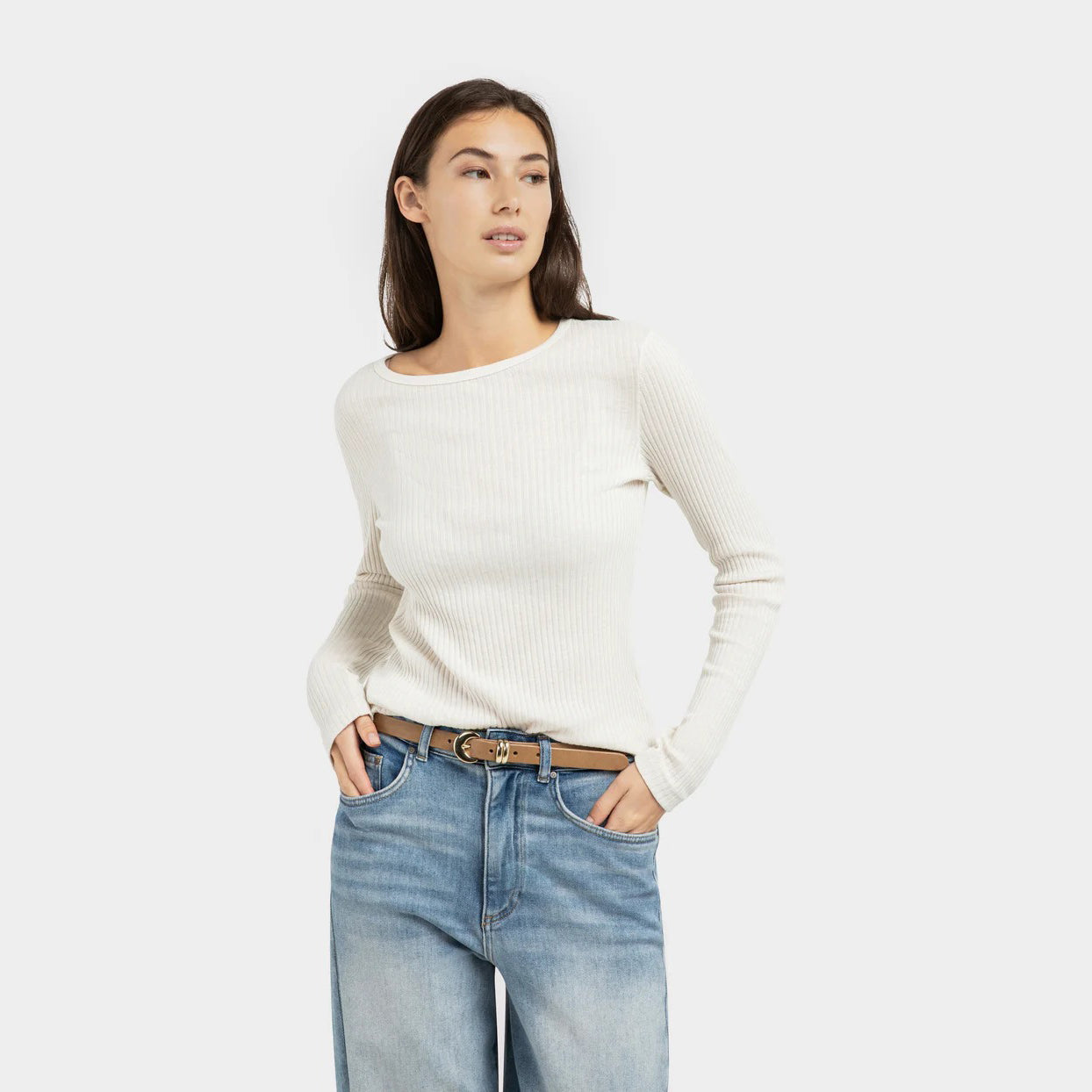 Ribbed Long Sleeve Shirt with Round Neckline