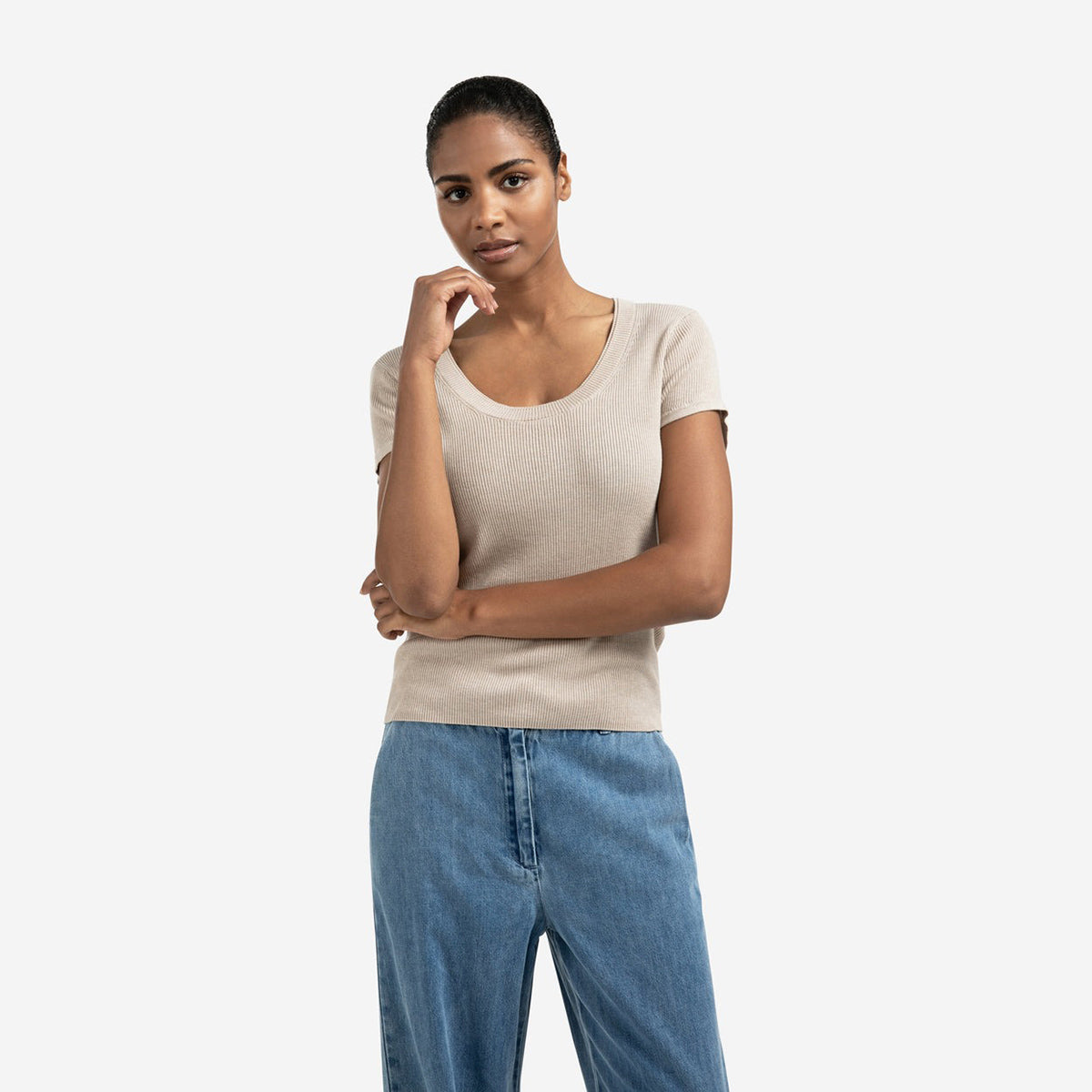 Ribbed Short Sleeve Top - Sand Melange