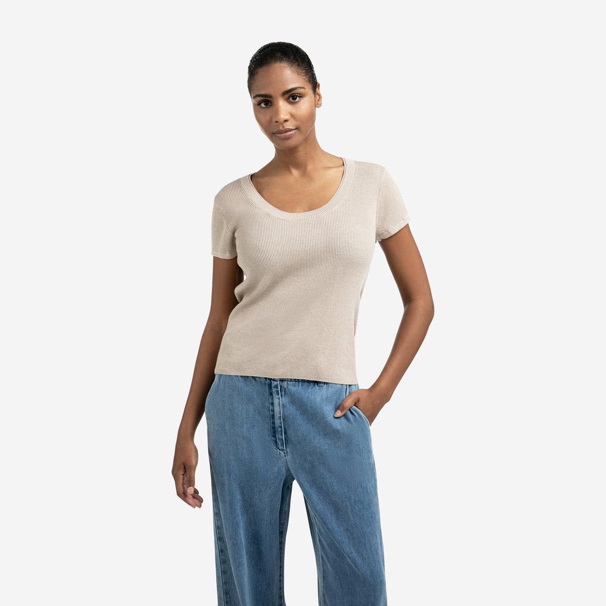 Ribbed Short Sleeve Top - Sand Melange