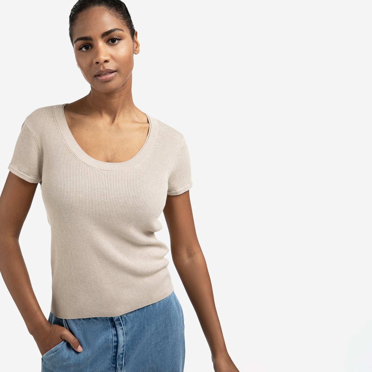 Ribbed Short Sleeve Top - Sand Melange