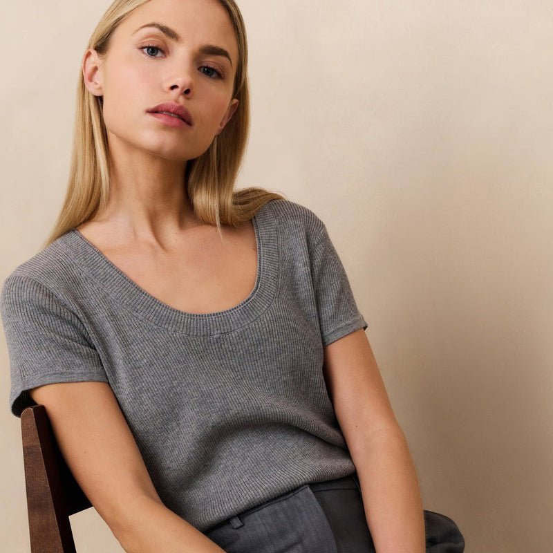 Ribbed Short Sleeve Top - Medium Grey Melange