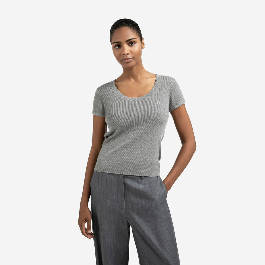 Ribbed Short Sleeve Top - Medium Grey Melange