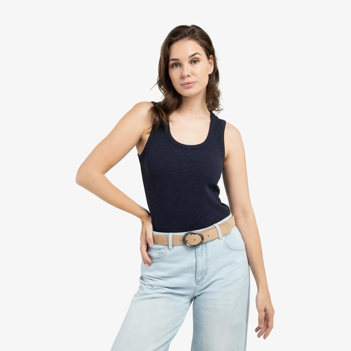 Ribbed Singlet with Round Neckline - Navy