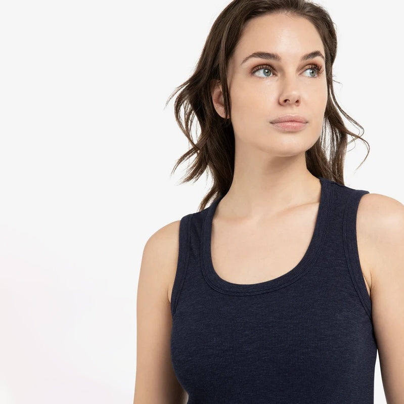 Ribbed Singlet with Round Neckline - Navy