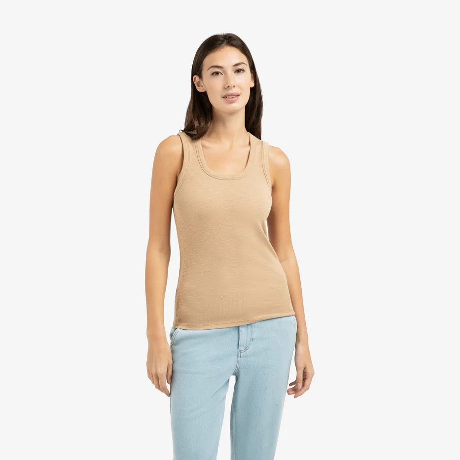 Ribbed Singlet with Round Neckline - Tan Brown