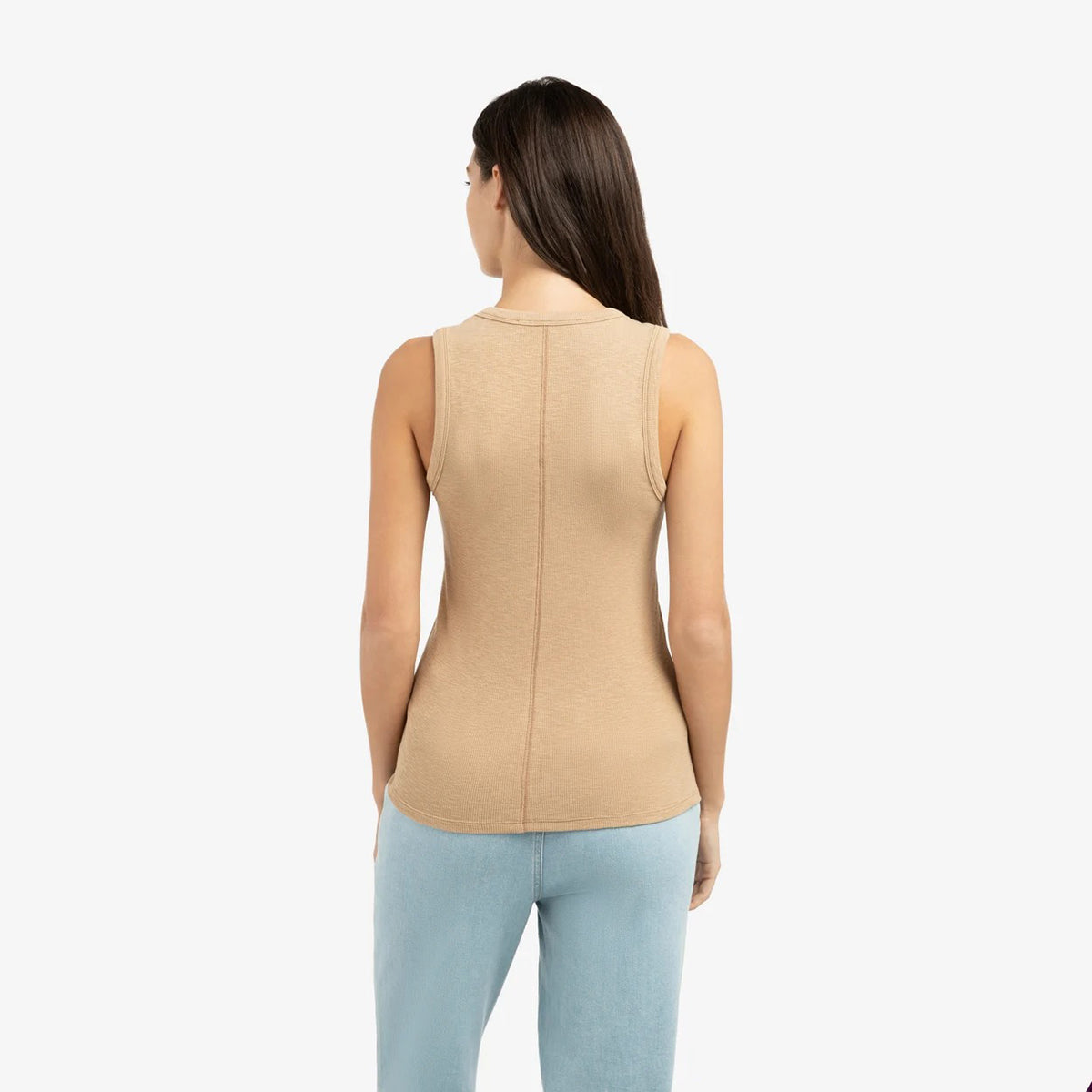 Ribbed Singlet with Round Neckline - Tan Brown