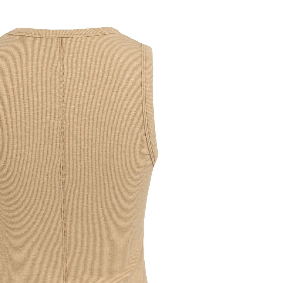 Ribbed Singlet with Round Neckline - Tan Brown