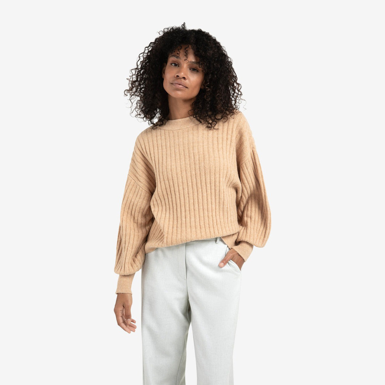 Ribbed Sweater with Round Neck - Light Camel