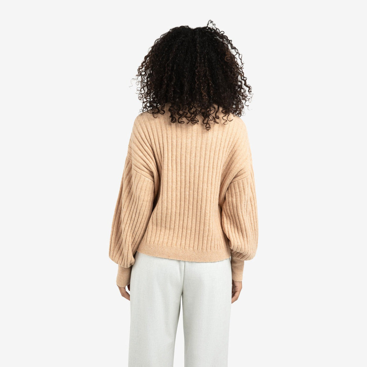 Ribbed Sweater with Round Neck - Light Camel