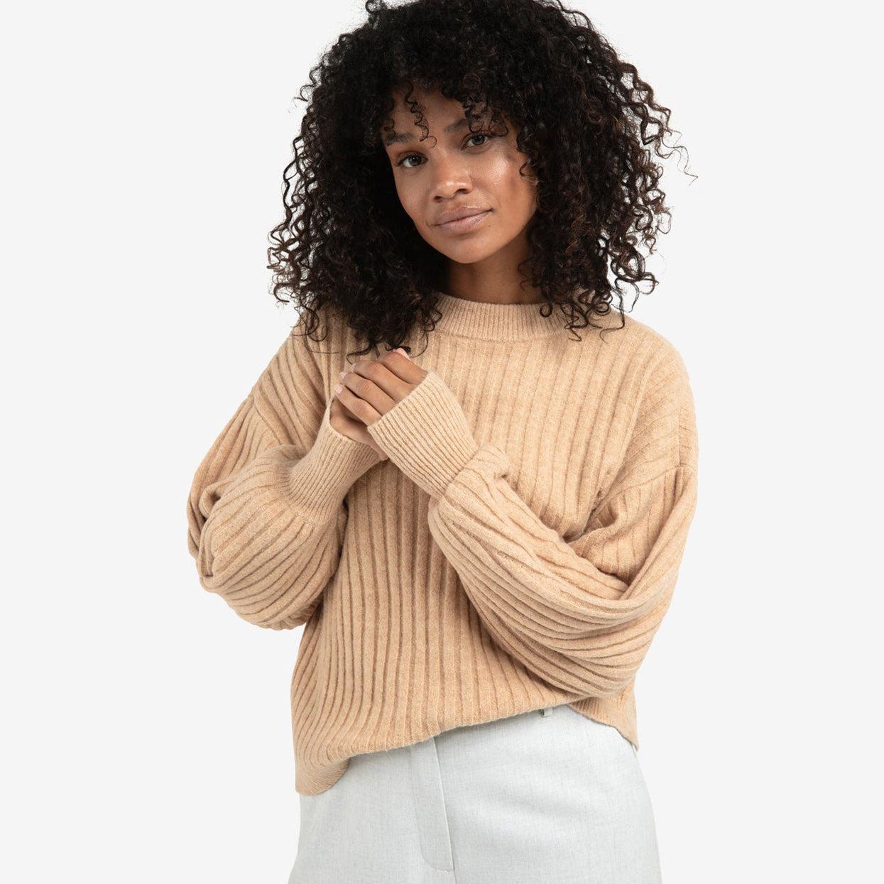 Ribbed Sweater with Round Neck - Light Camel