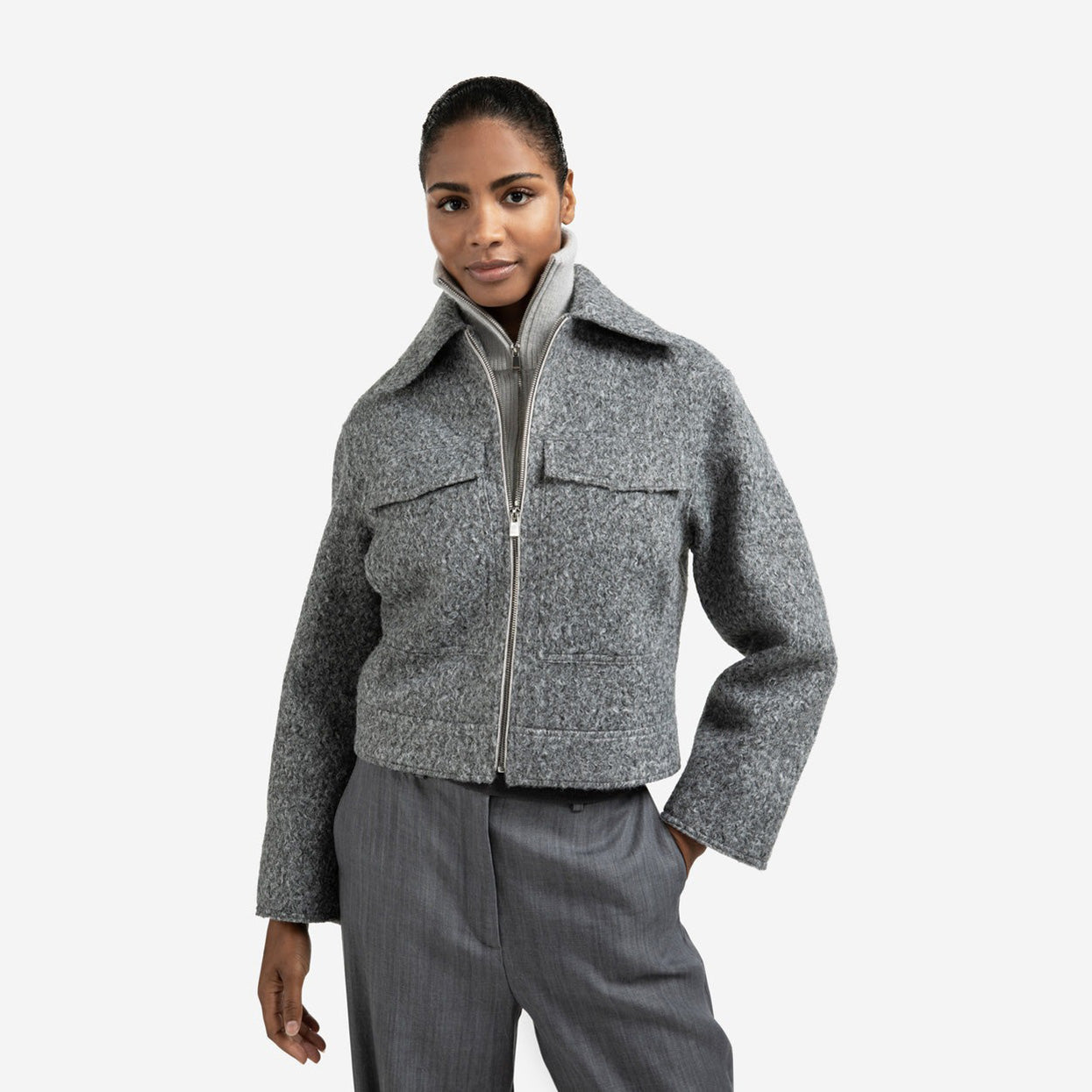Short Bouclé Jacket with Stand-Up Collar