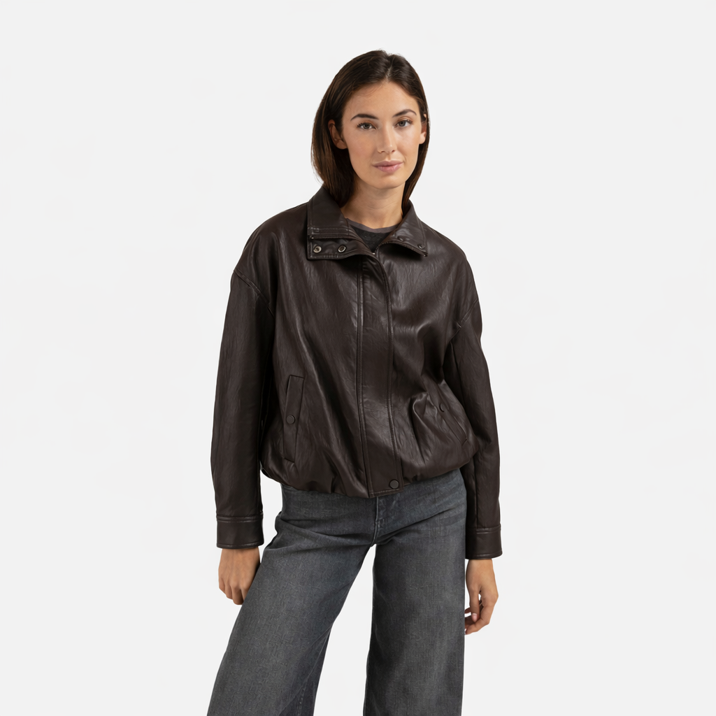 Short Faux Leather Jacket with Elastic Hem