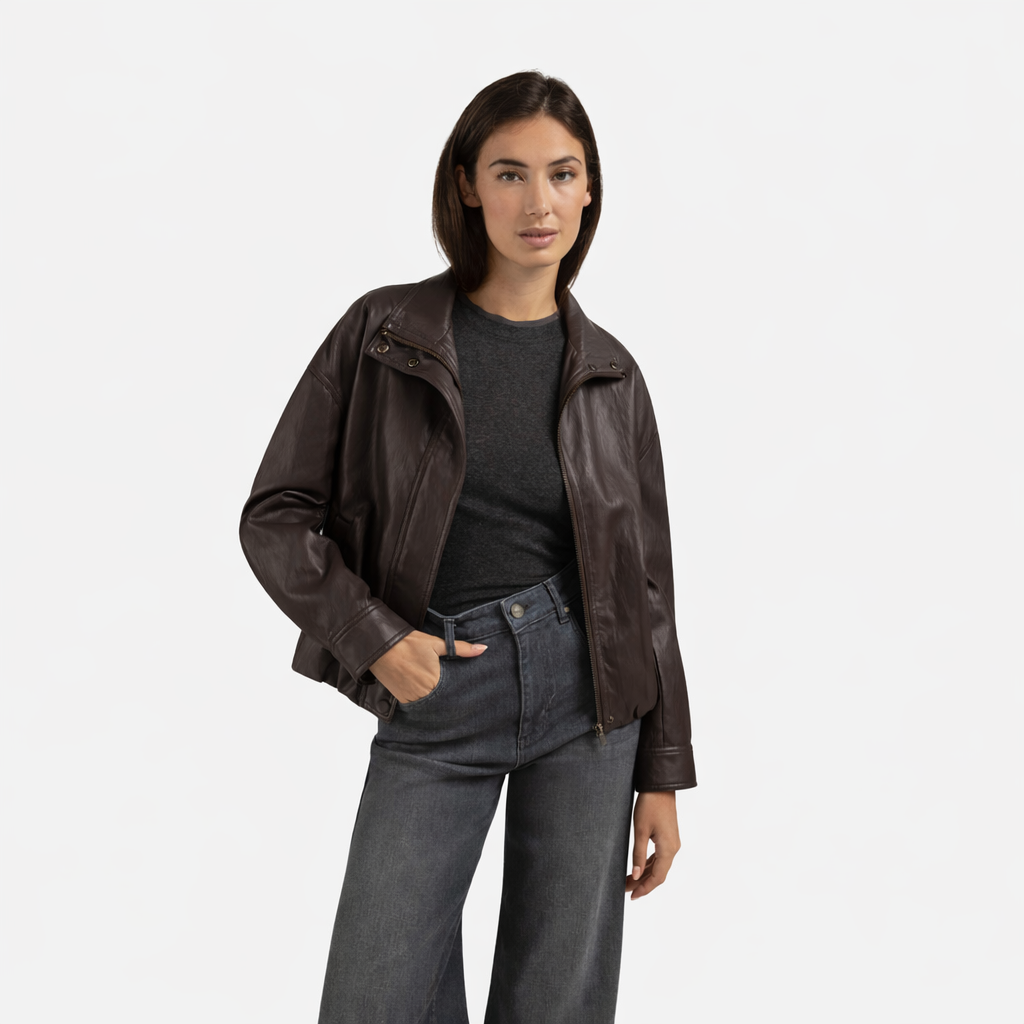 Short Faux Leather Jacket with Elastic Hem