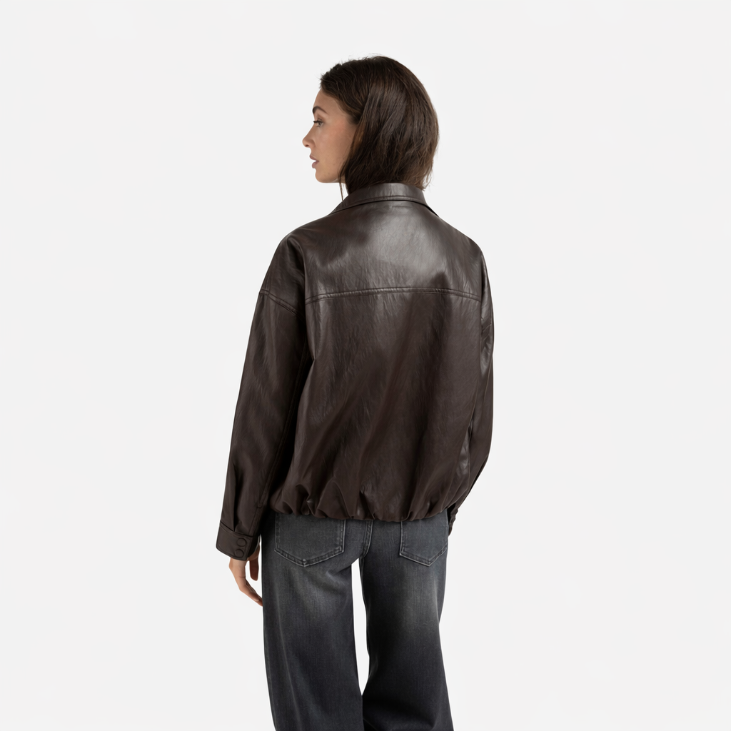 Short Faux Leather Jacket with Elastic Hem
