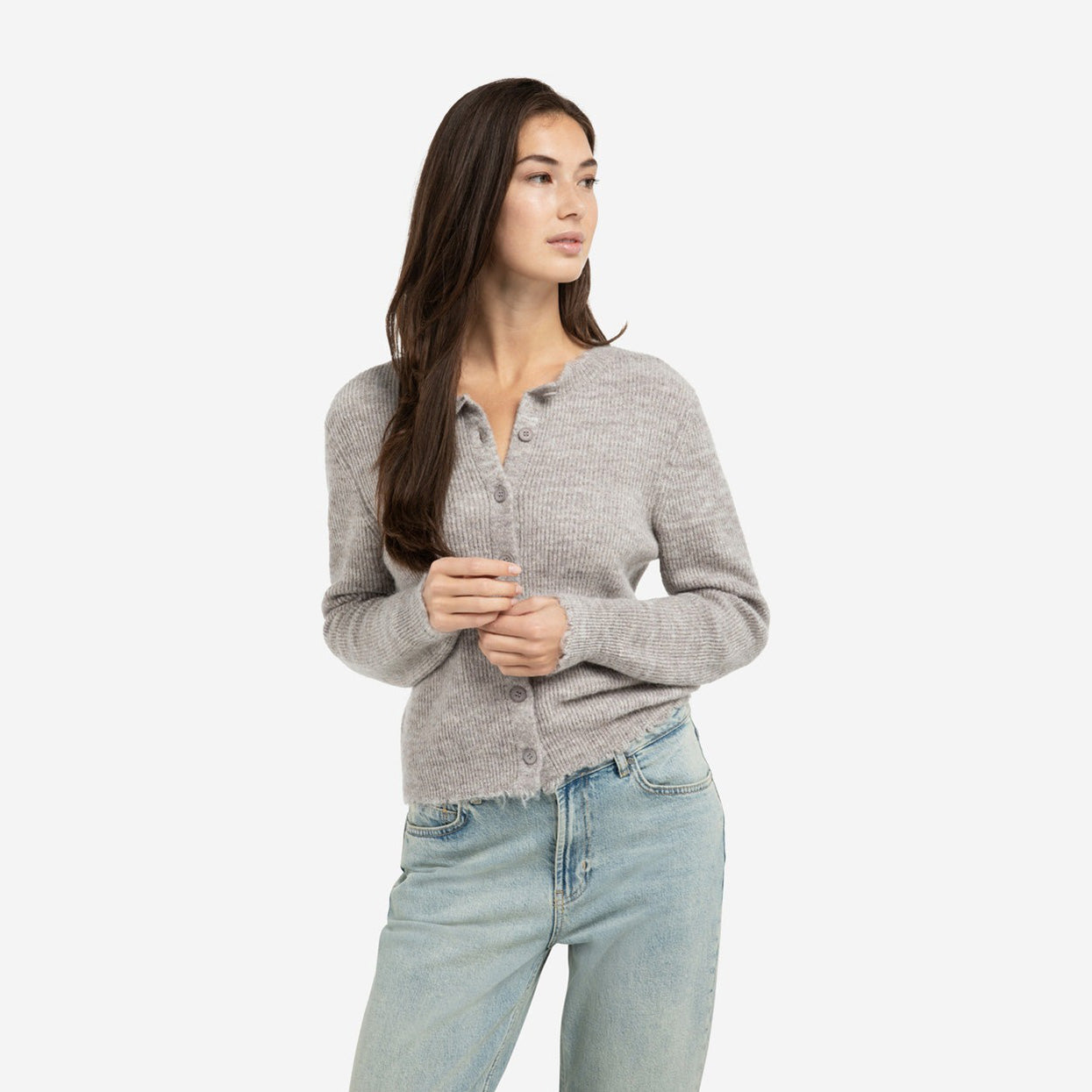 Short Melange Cardigan with Refined Trim Details - Taupe Grey Melange