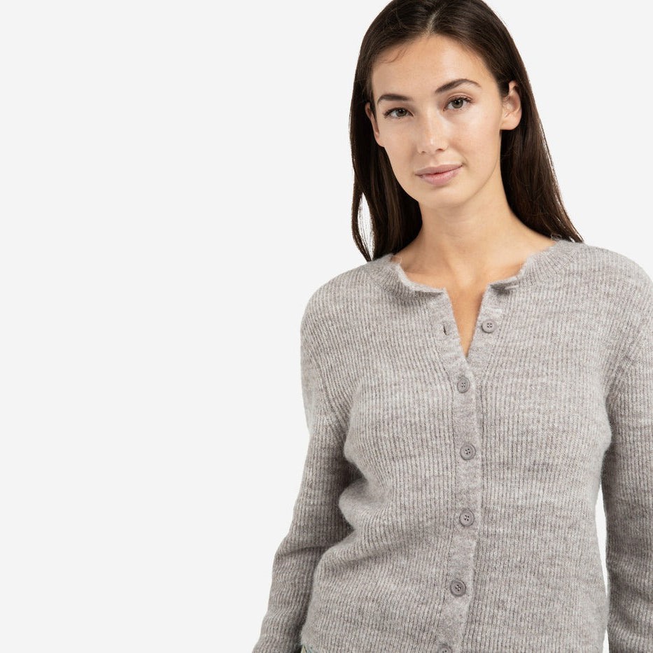 Short Melange Cardigan with Refined Trim Details - Taupe Grey Melange