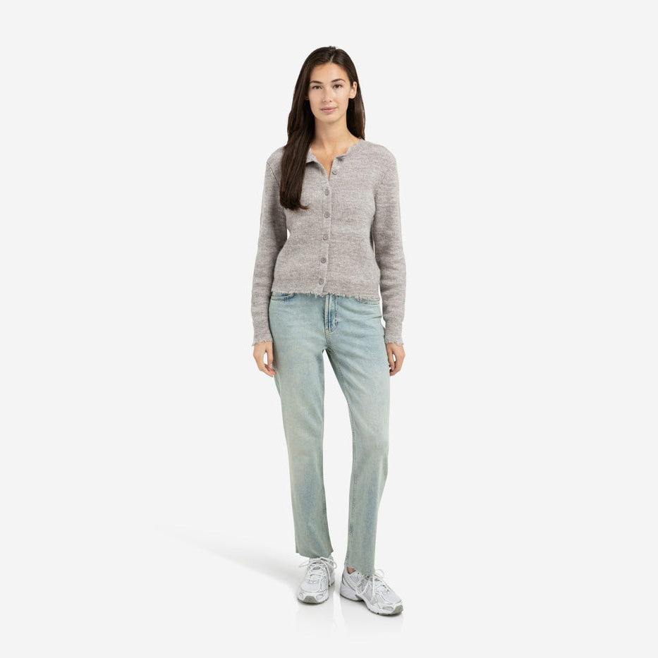 Short Melange Cardigan with Refined Trim Details - Taupe Grey Melange