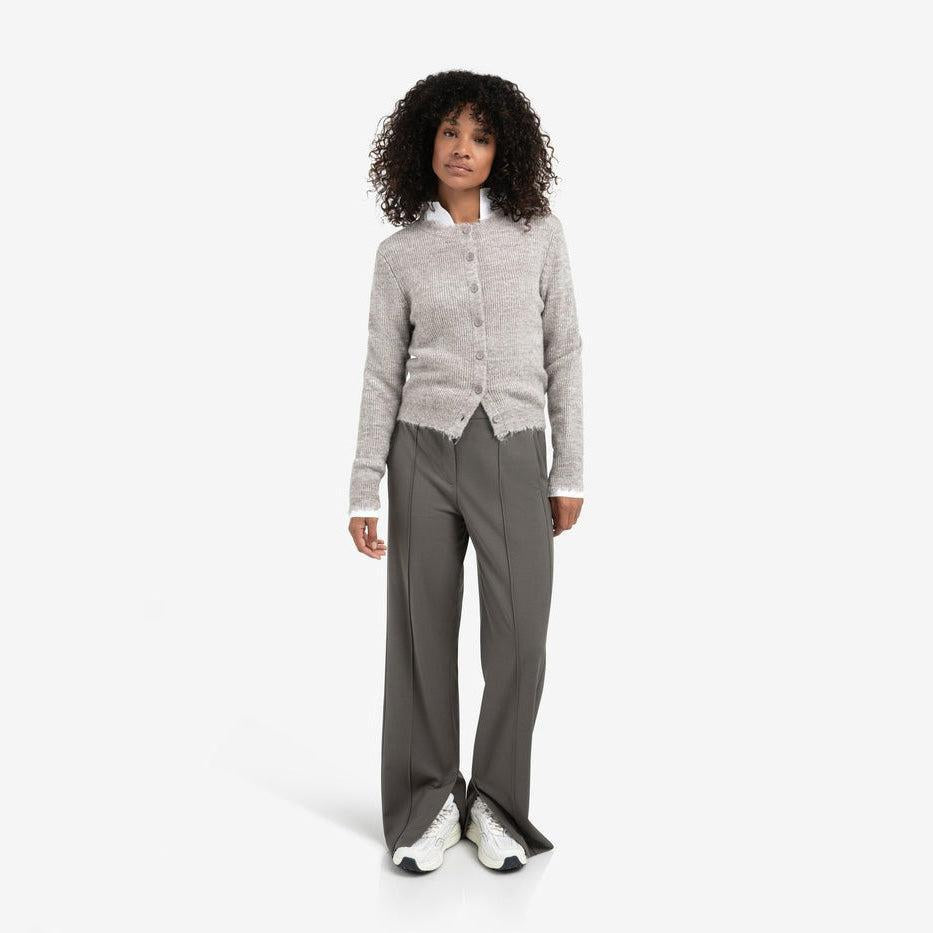 Short Melange Cardigan with Refined Trim Details - Taupe Grey Melange