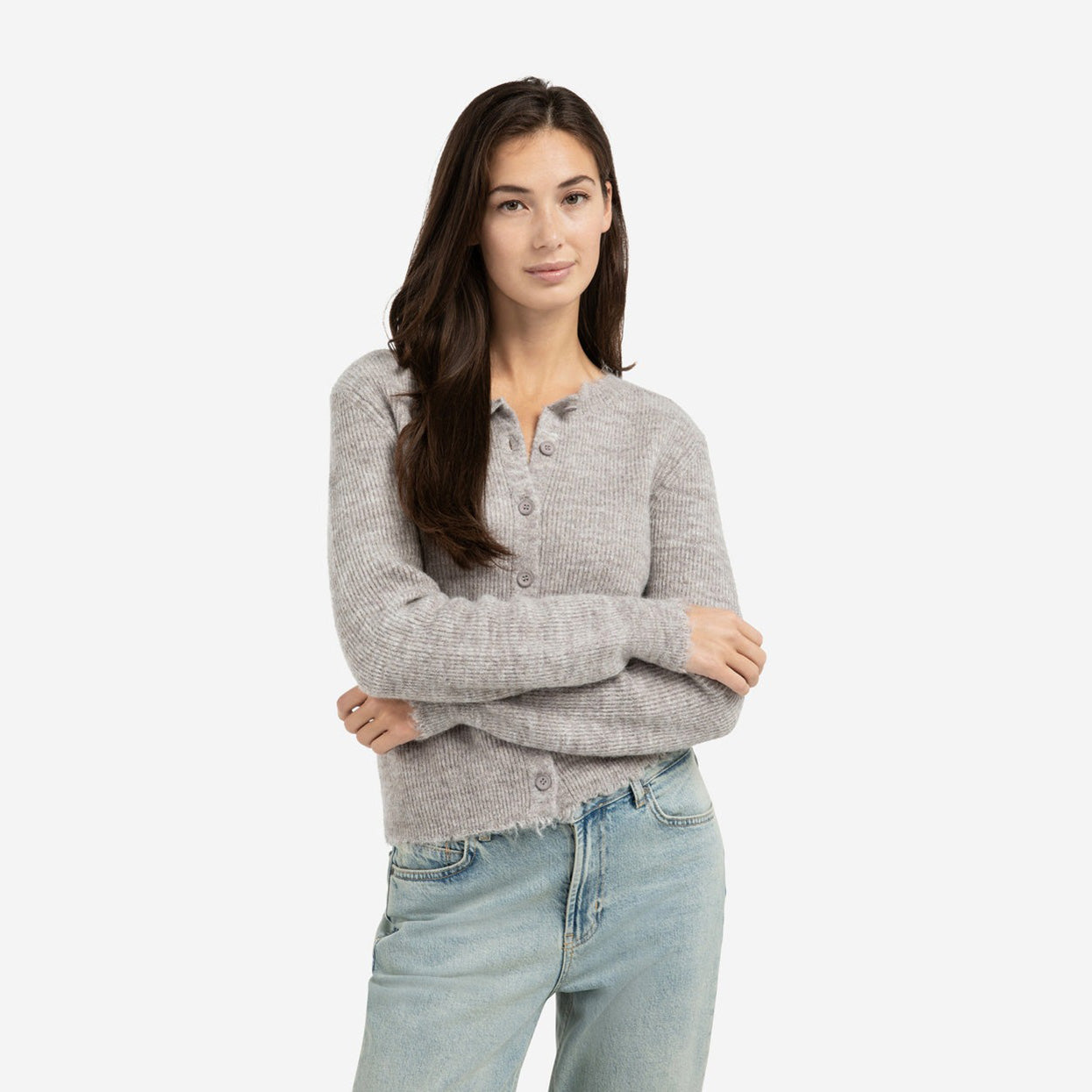 Short Melange Cardigan with Refined Trim Details - Taupe Grey Melange