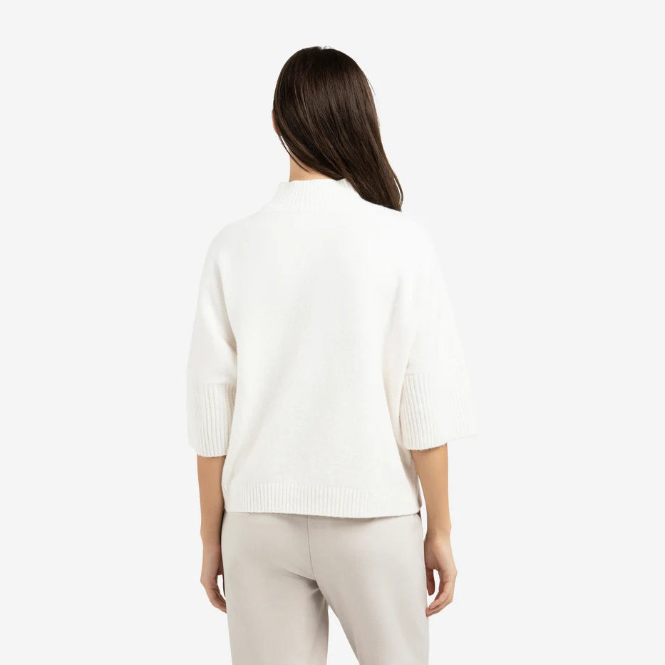 Sweater with Ribbed 3/4 Sleeves - Snowfall White Melange