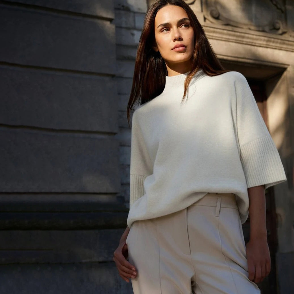 Sweater with Ribbed 3/4 Sleeves - Snowfall White Melange