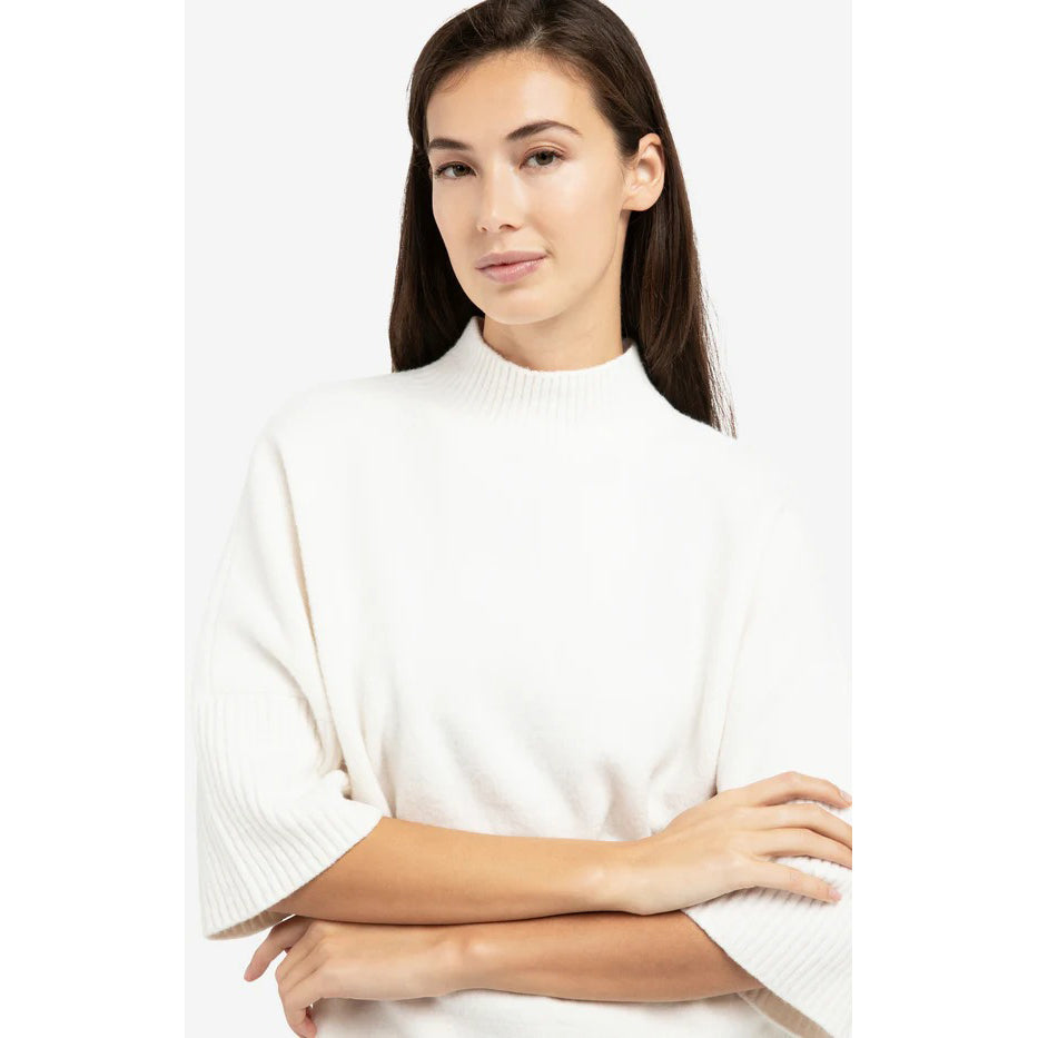 Sweater with Ribbed 3/4 Sleeves - Snowfall White Melange