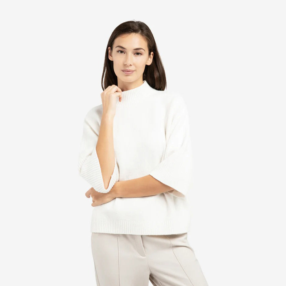 Sweater with Ribbed 3/4 Sleeves - Snowfall White Melange