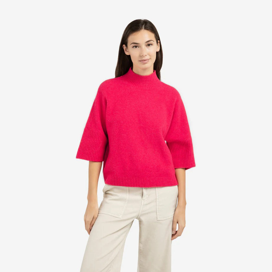 Sweater with Ribbed 3/4 Sleeves - Rose Red Melange