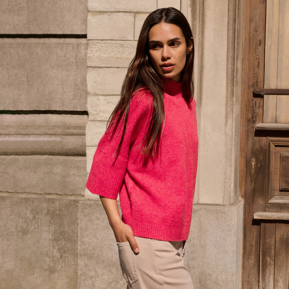 Sweater with Ribbed 3/4 Sleeves - Rose Red Melange