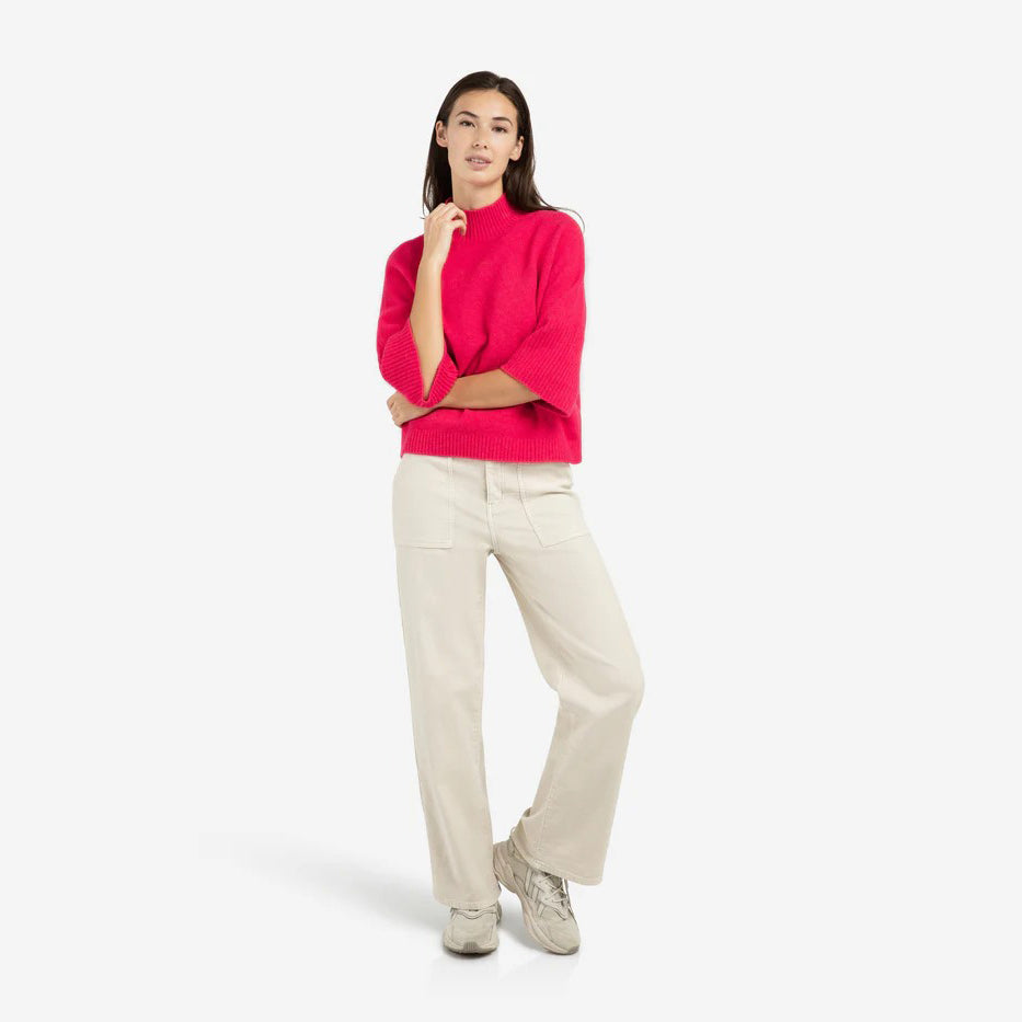 Sweater with Ribbed 3/4 Sleeves - Rose Red Melange