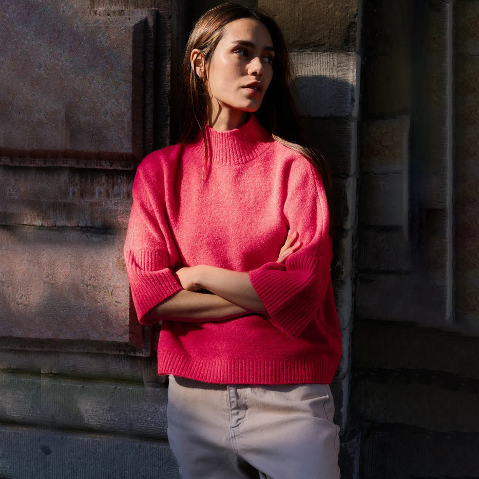 Sweater with Ribbed 3/4 Sleeves - Rose Red Melange