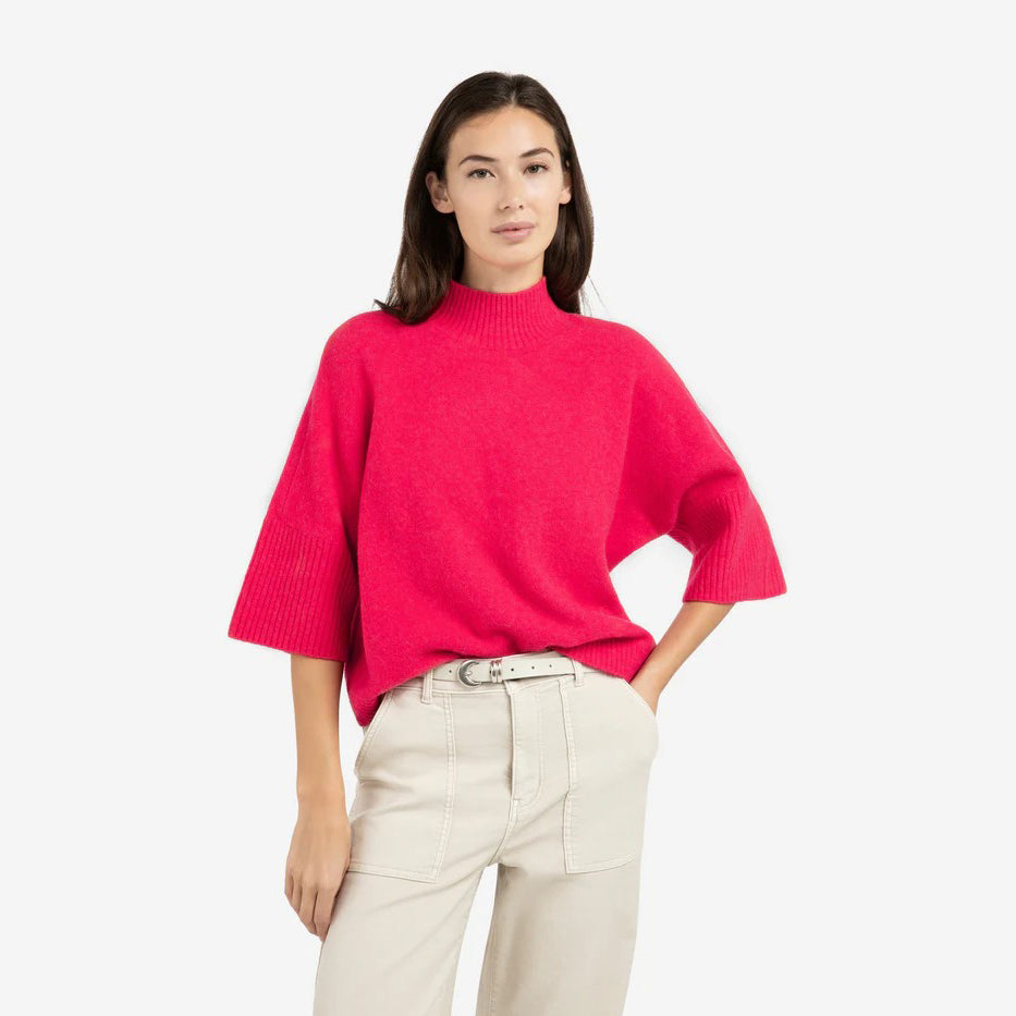 Sweater with Ribbed 3/4 Sleeves - Rose Red Melange
