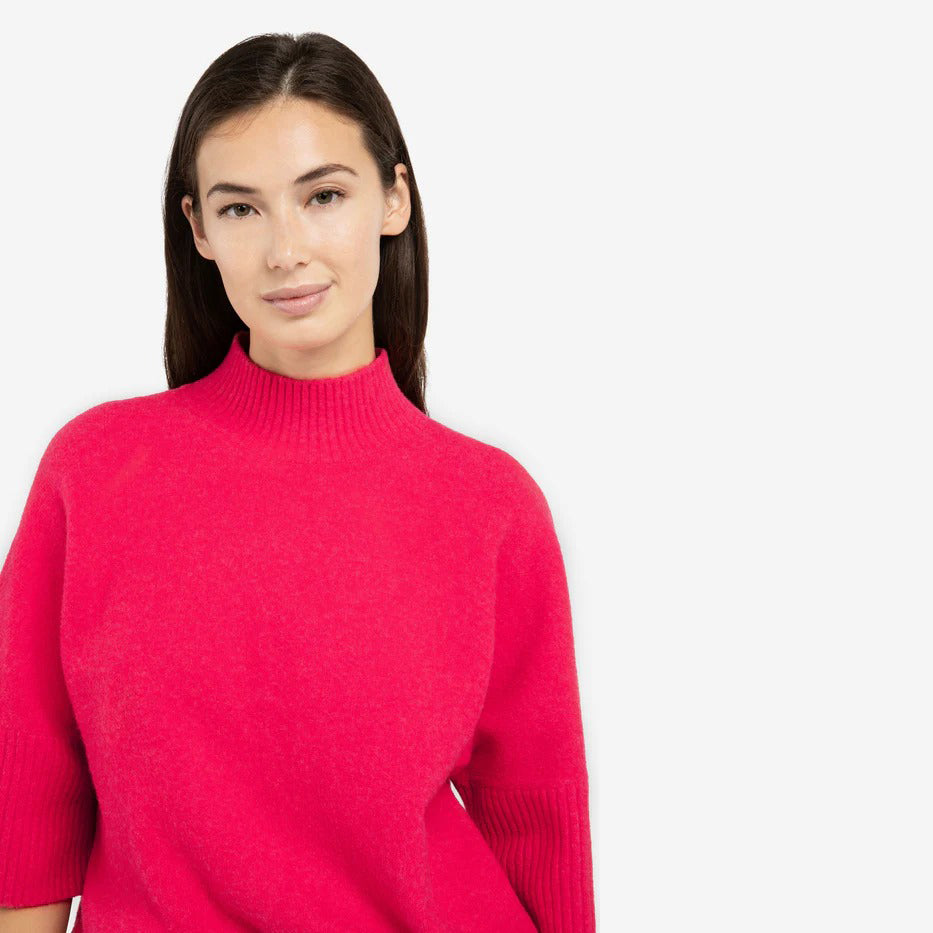 Sweater with Ribbed 3/4 Sleeves - Rose Red Melange