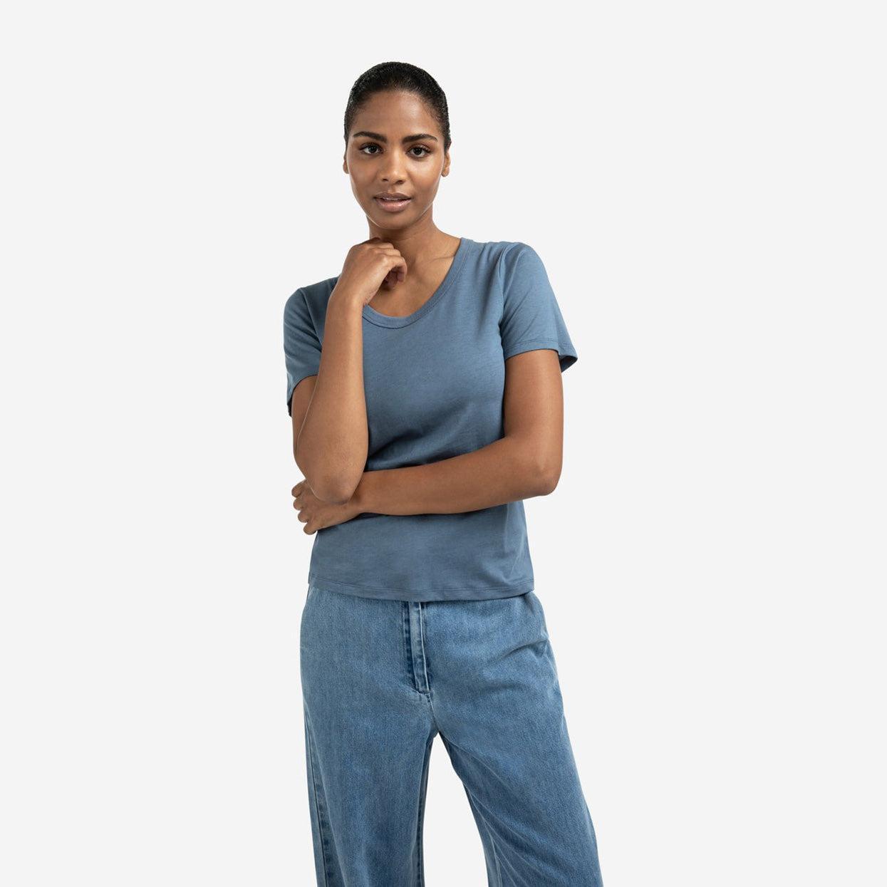 T-shirt with Round Ribbed Neck - China Blue