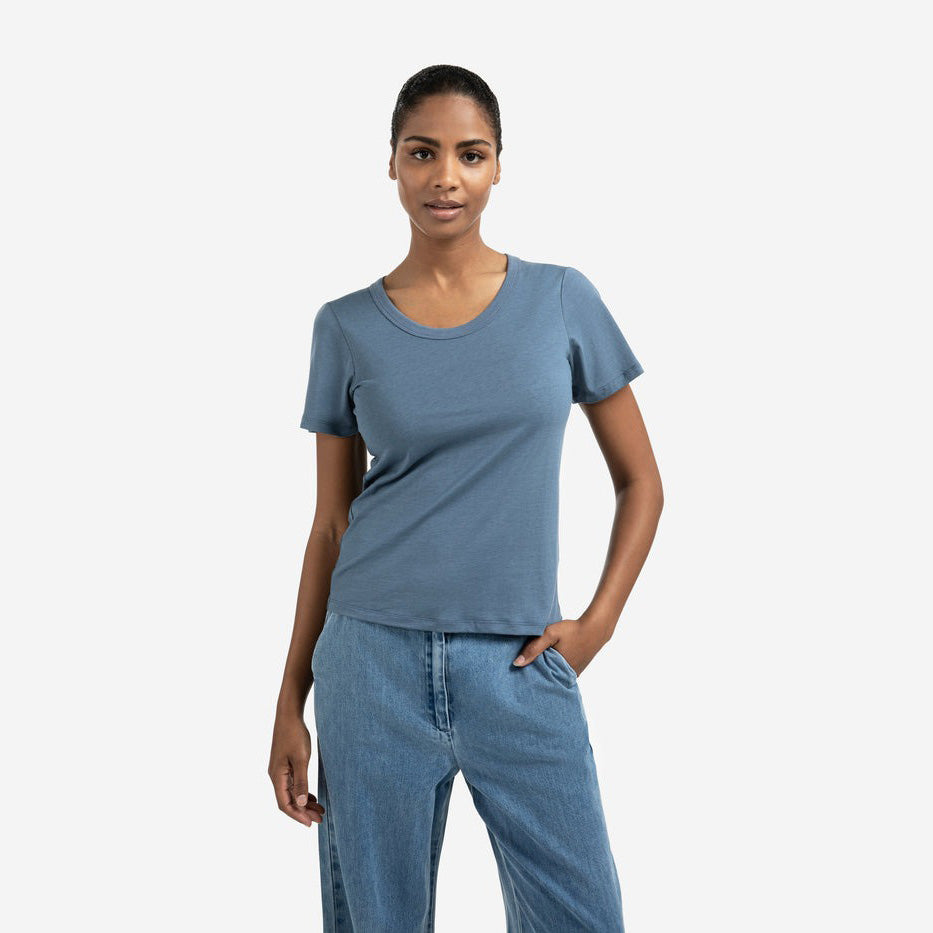T-shirt with Round Ribbed Neck - China Blue