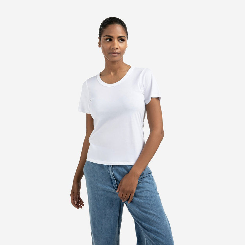 T-shirt with Round Ribbed Neck - Pure White