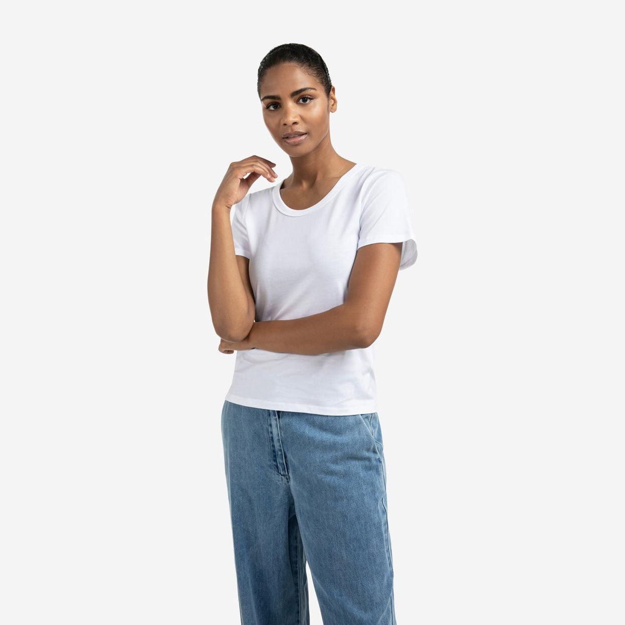 T-shirt with Round Ribbed Neck - Pure White